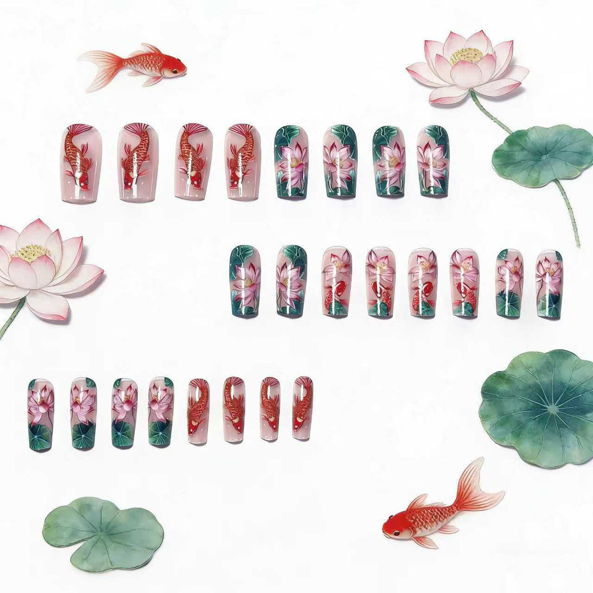 Nail Art Design with Water Lily and Koi Fish Motif