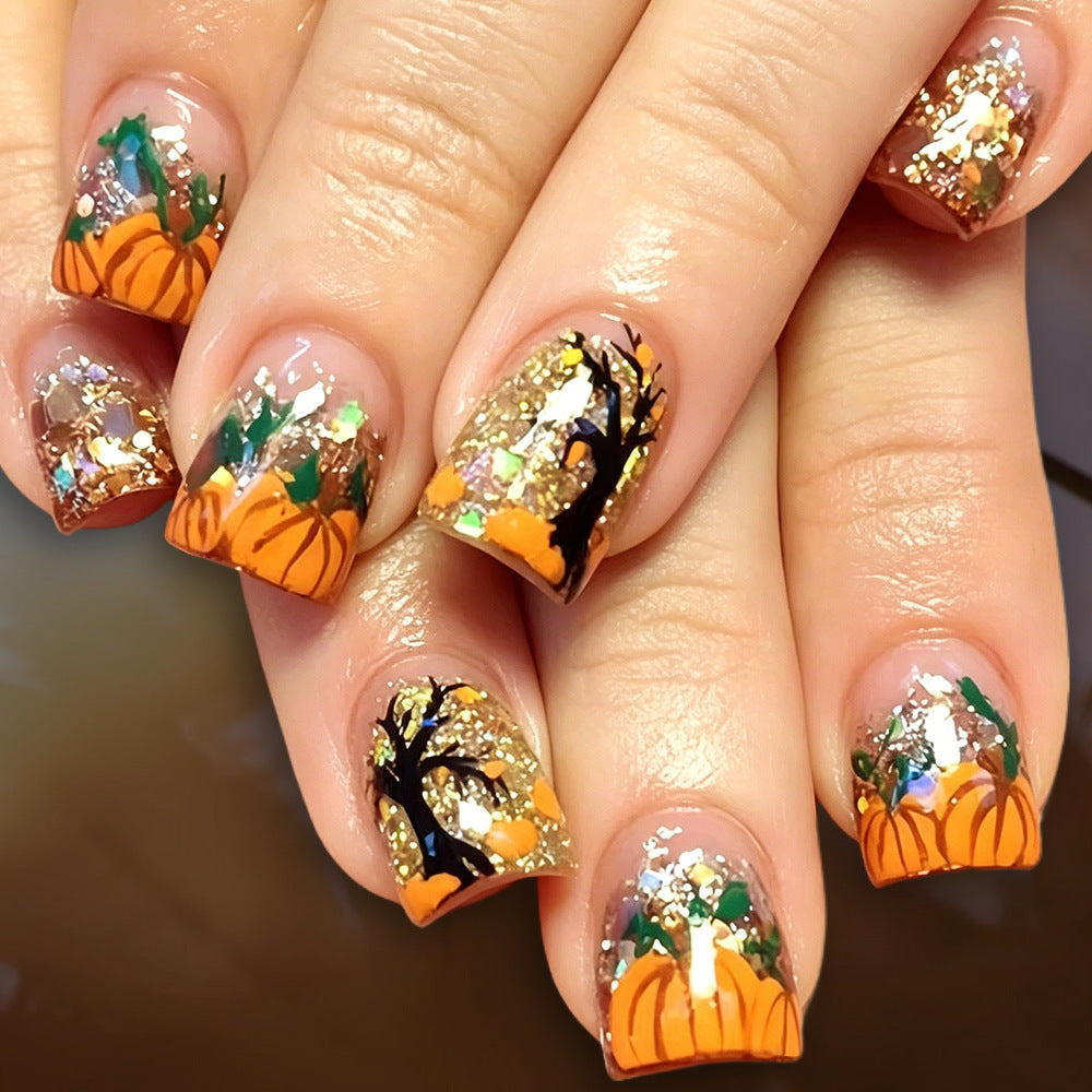 Press-On Nails with Autumn Pumpkin Design