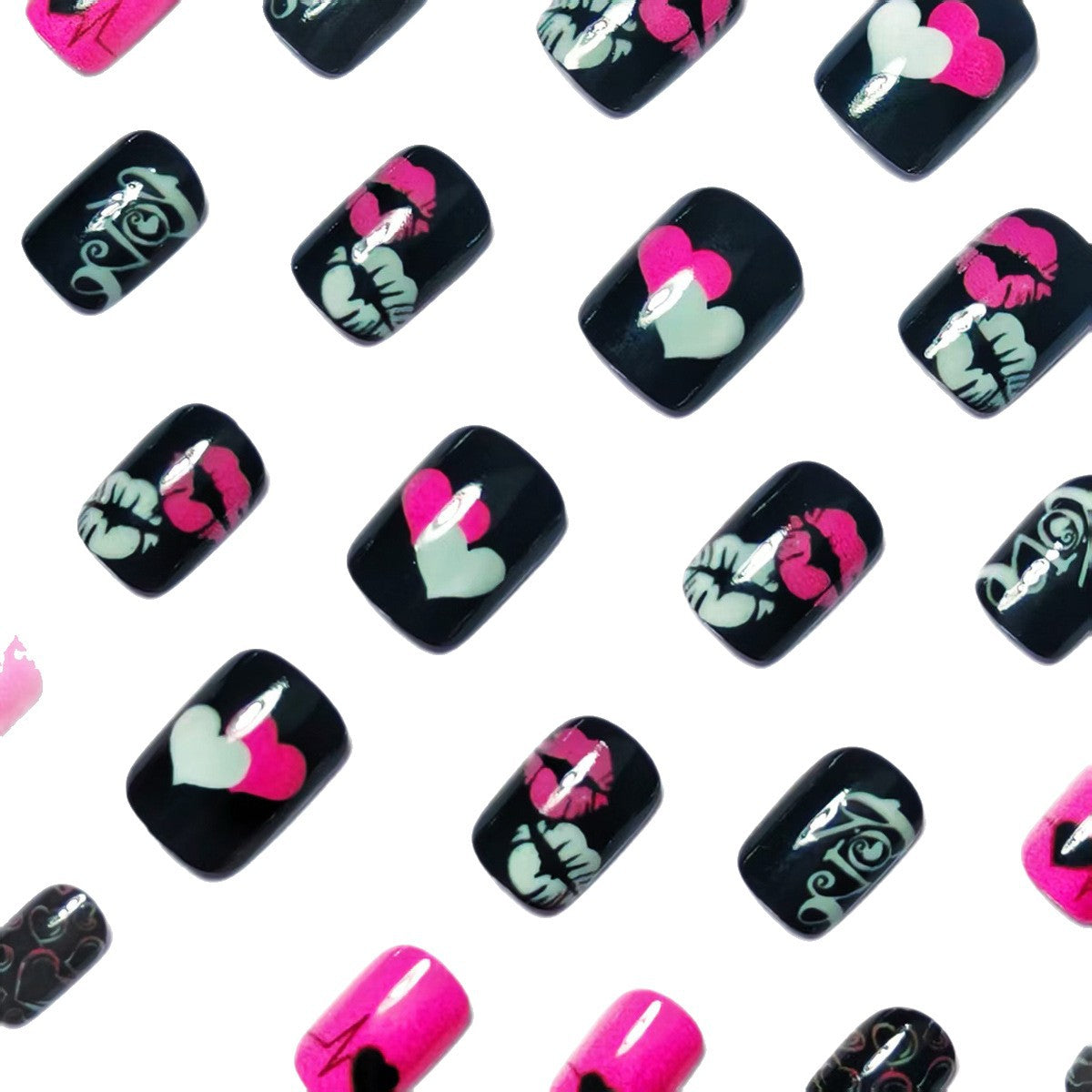 Hearts and Kiss Motifs Acrylic Nail Art Design
