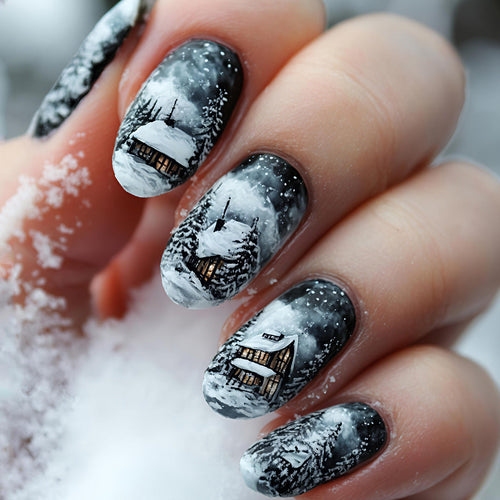 Winter Cabin Themed Nail Art Design