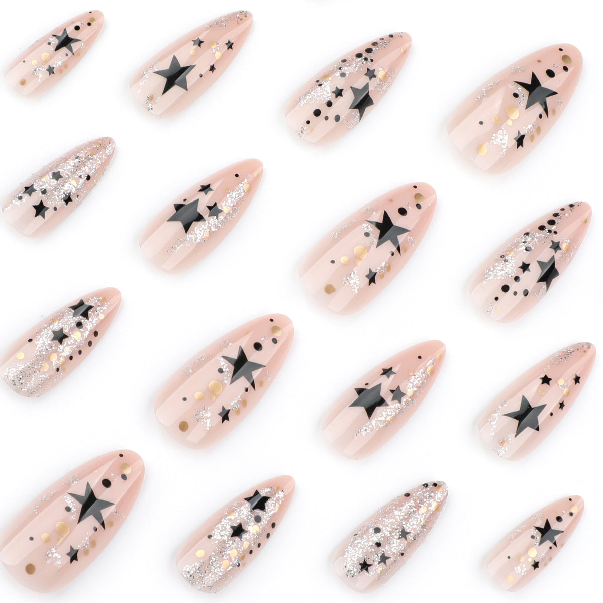 Glittery Stiletto Nail Art with Star Pattern