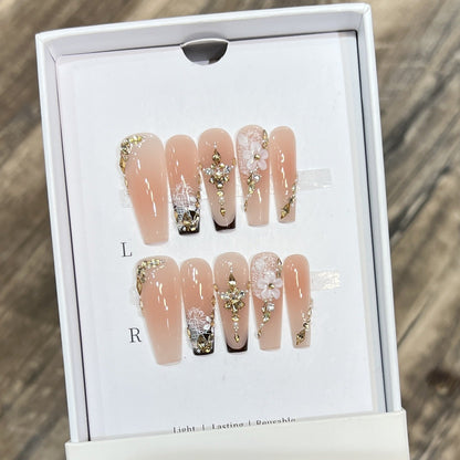 Floral and Gold Accented Reusable Press-On Nail Set