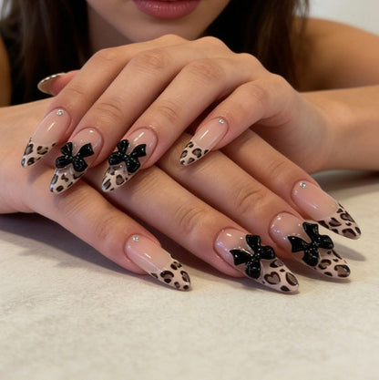Leopard Print Press-On Nail Kit with Bow Decorations