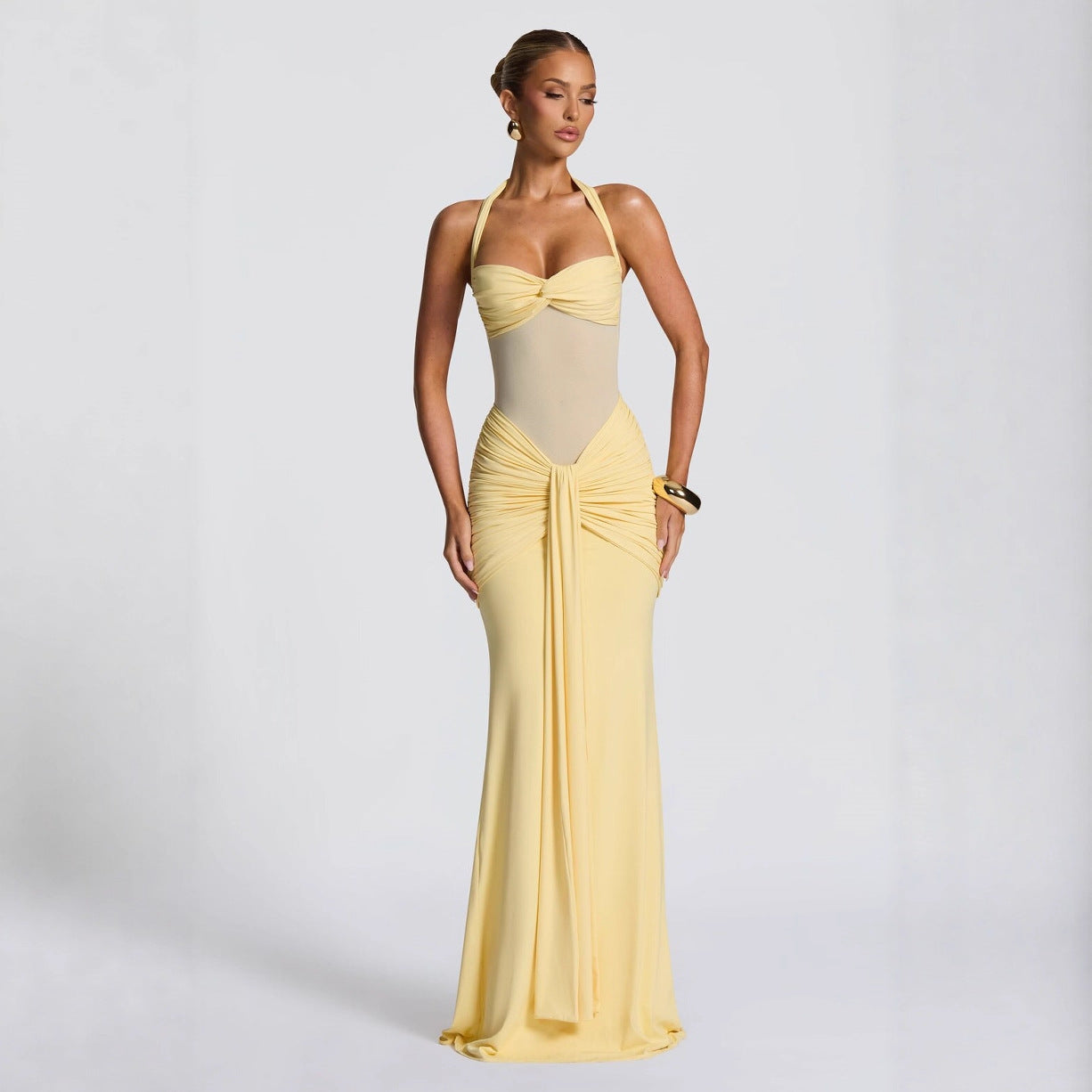 Long Sleeveless Bodycon Maxi Dress with Mesh Fishtail Design for Parties