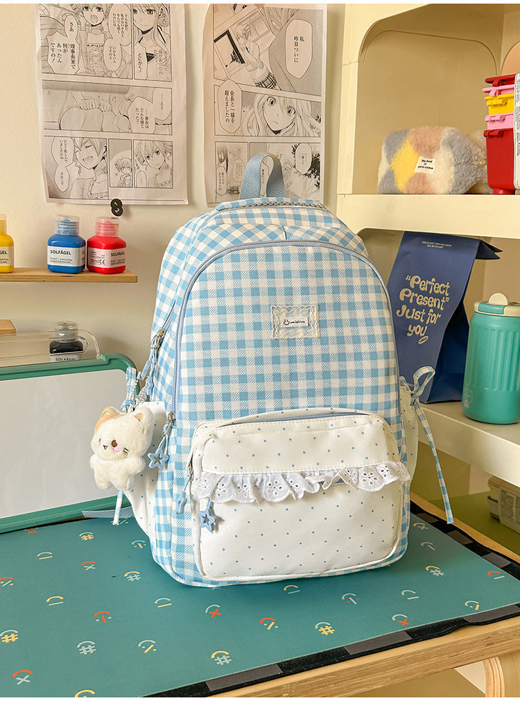Charming Checkered Multi-Pocket Backpack for School Use