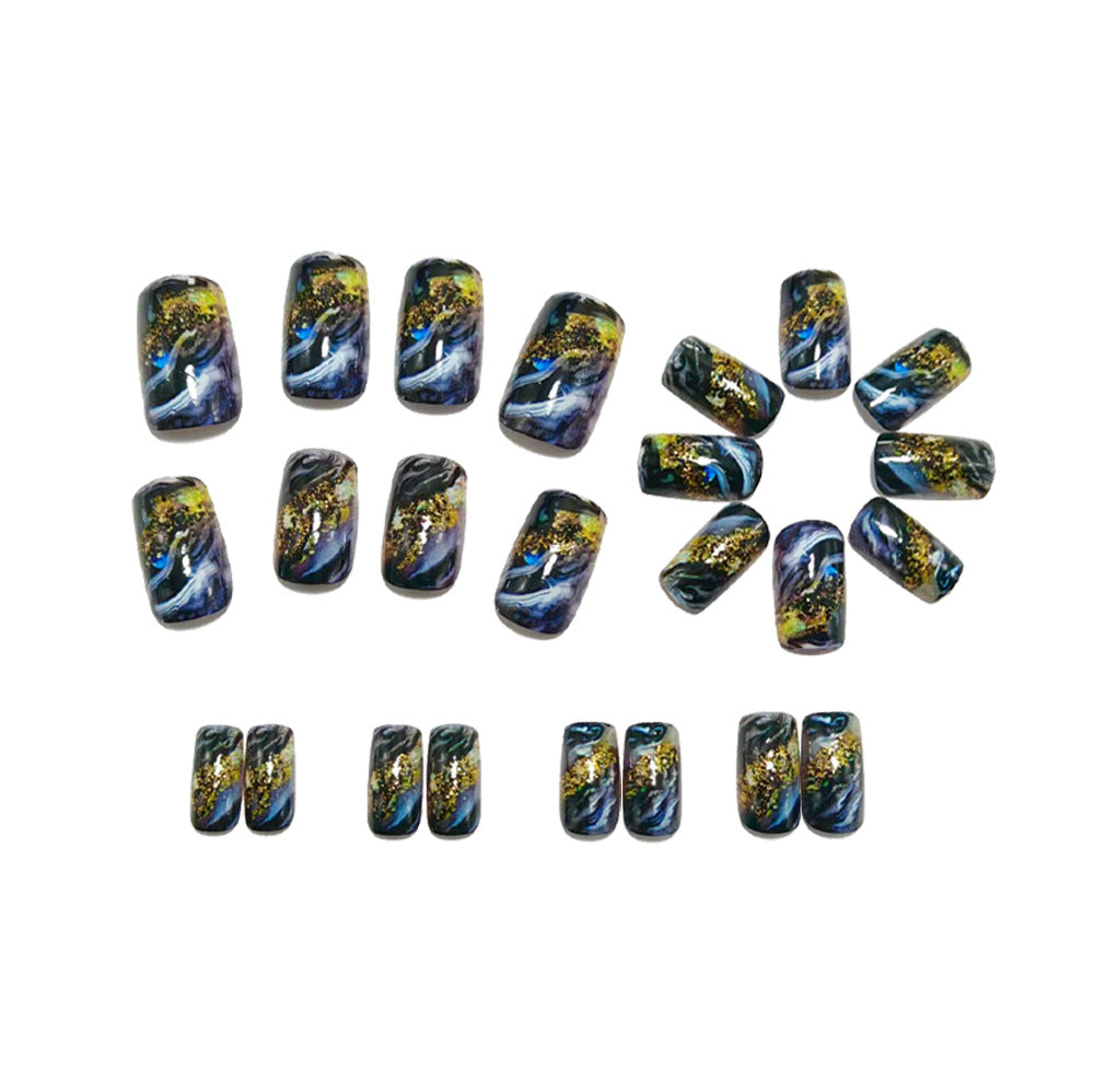Artificial Nails with Abstract Gold and Black Pattern