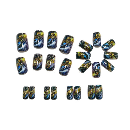 Artificial Nails with Abstract Gold and Black Pattern