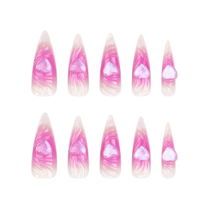 Heart Design Stiletto Nails with Glitter Accents