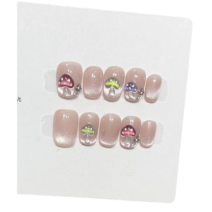 Press-On Nail Kit Featuring Fun Mushroom Patterns