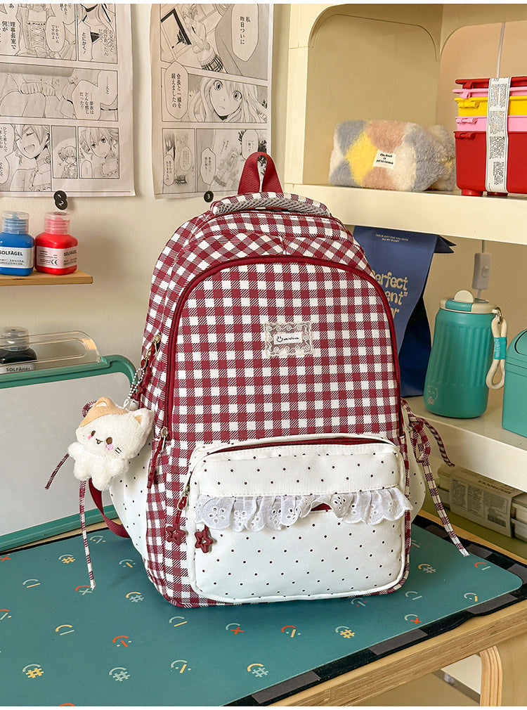 Charming Checkered Multi-Pocket Backpack for School Use