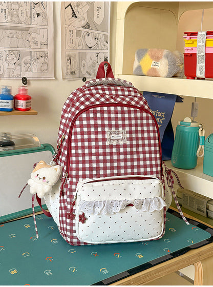 Charming Checkered Multi-Pocket Backpack for School Use