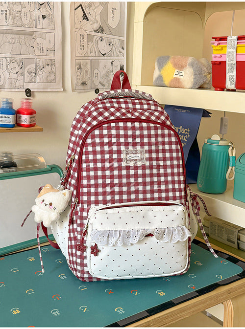 Charming Checkered Multi-Pocket Backpack for School Use