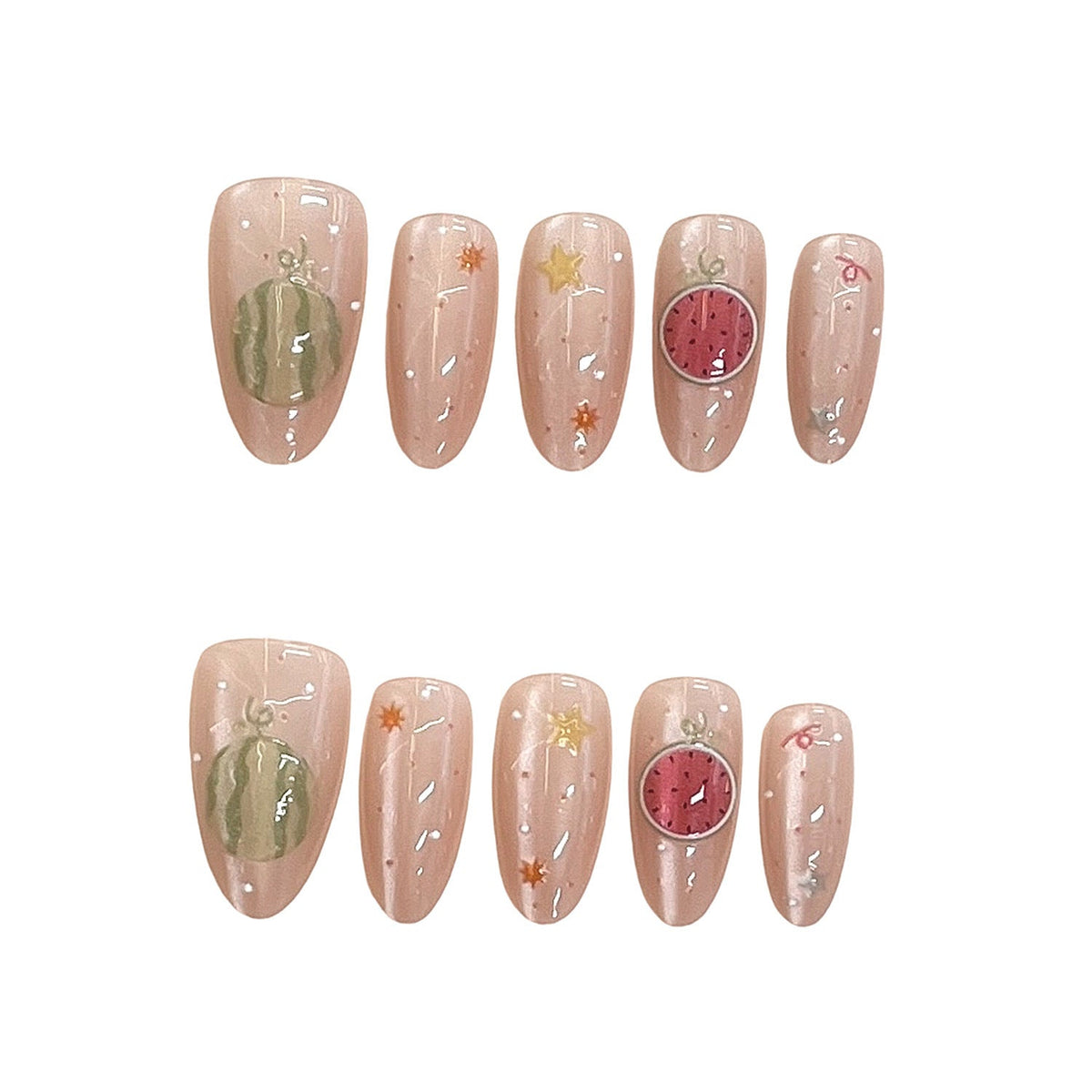 Artistic Press-On Nail Set with Elegant Fruit Design