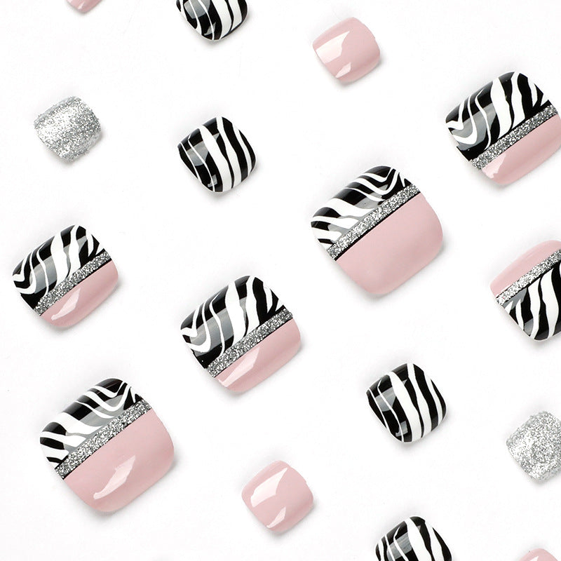 Zebra Pattern Glitter Toenail Art Design