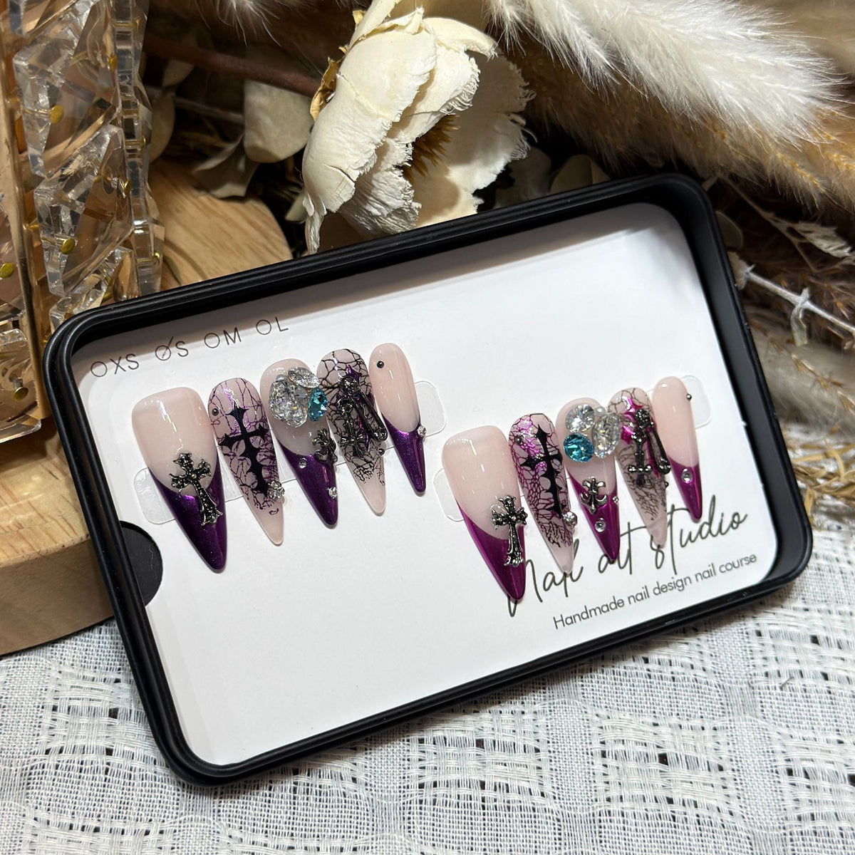 Stiletto Press-On Nails Set with Floral and Gemstone Accents