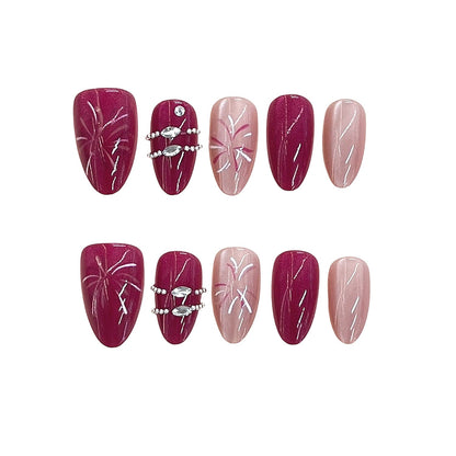 Floral Patterned Press-On Nail Set with Gem Details