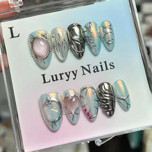 Press-On Nail Art Kit Featuring Silver and Crystal Details