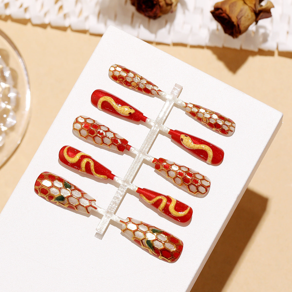 Press-On Nail Set with Artistic Snake Pattern