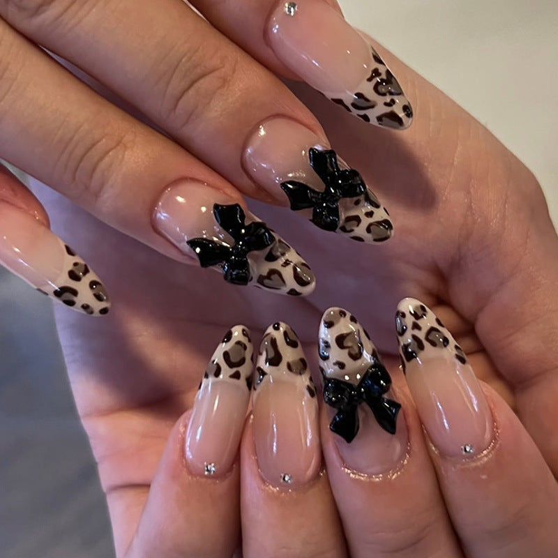 Leopard Print Press-On Nail Kit with Bow Decorations