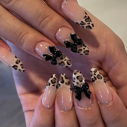 Leopard Print Press-On Nail Kit with Bow Decorations