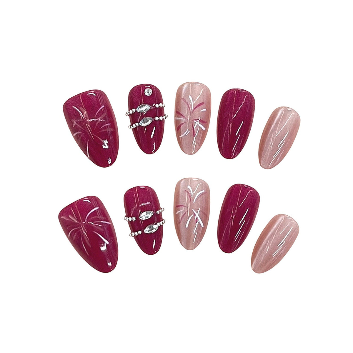 Floral Patterned Press-On Nail Set with Gem Details