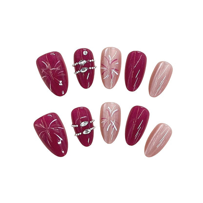 Floral Patterned Press-On Nail Set with Gem Details