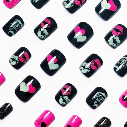 Hearts and Kiss Motifs Acrylic Nail Art Design