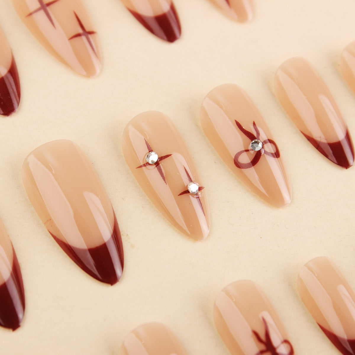 Decorative Nail Art Set with Press-On Design, Bow, and Crystal Details