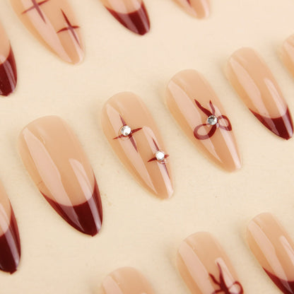 Decorative Nail Art Set with Press-On Design, Bow, and Crystal Details