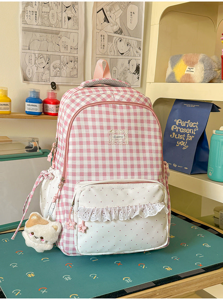 Charming Checkered Multi-Pocket Backpack for School Use
