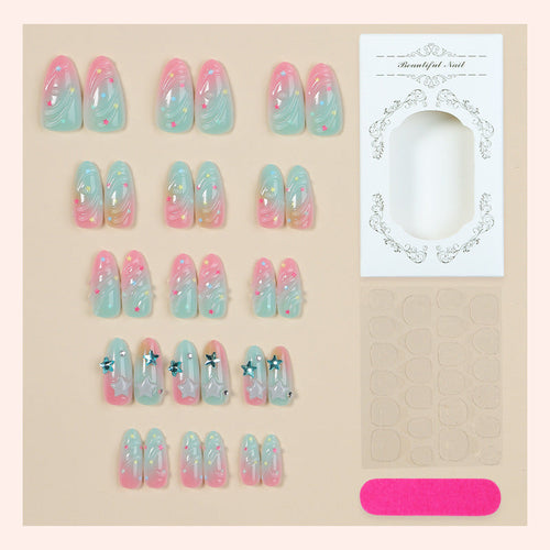 Press-On Nail Kit Featuring Star and Wave Patterns
