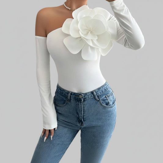 Asymmetrical Long Sleeve Bodysuit – Elegant One Shoulder Party Top