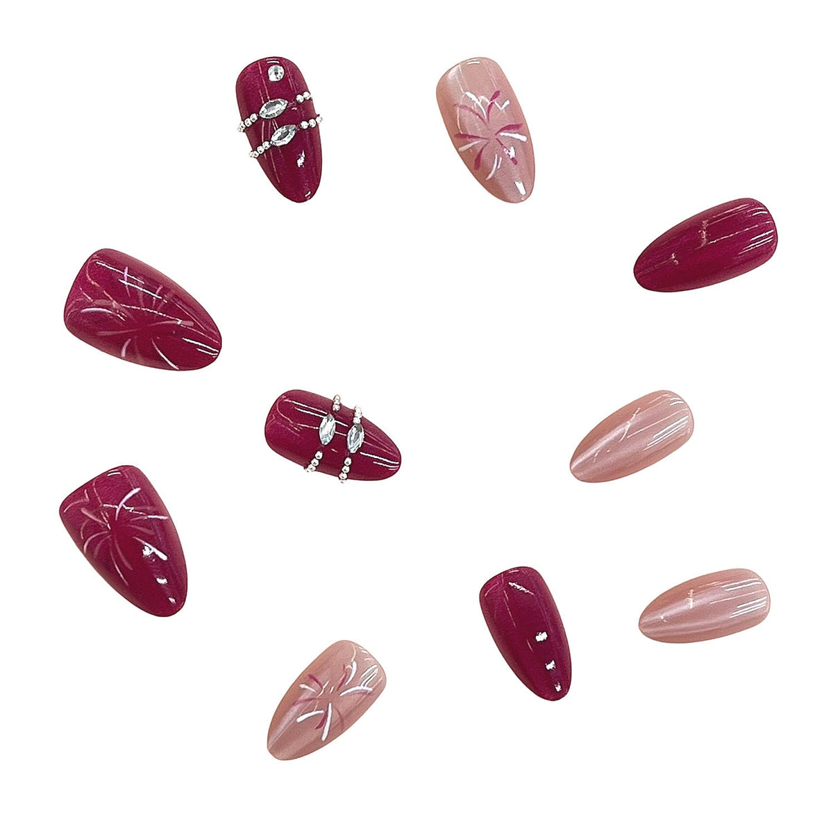 Floral Patterned Press-On Nail Set with Gem Details