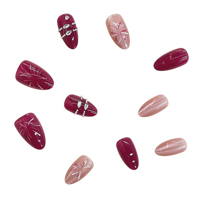 Floral Patterned Press-On Nail Set with Gem Details