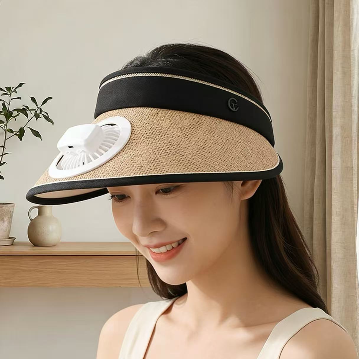 Straw Hat with Detachable Battery Fan and Elastic Headband – Air-Cooled