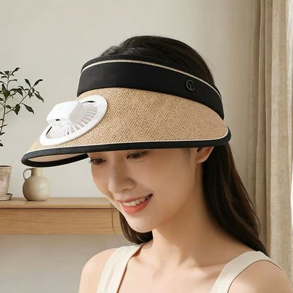 Straw Hat with Detachable Battery Fan and Elastic Headband – Air-Cooled
