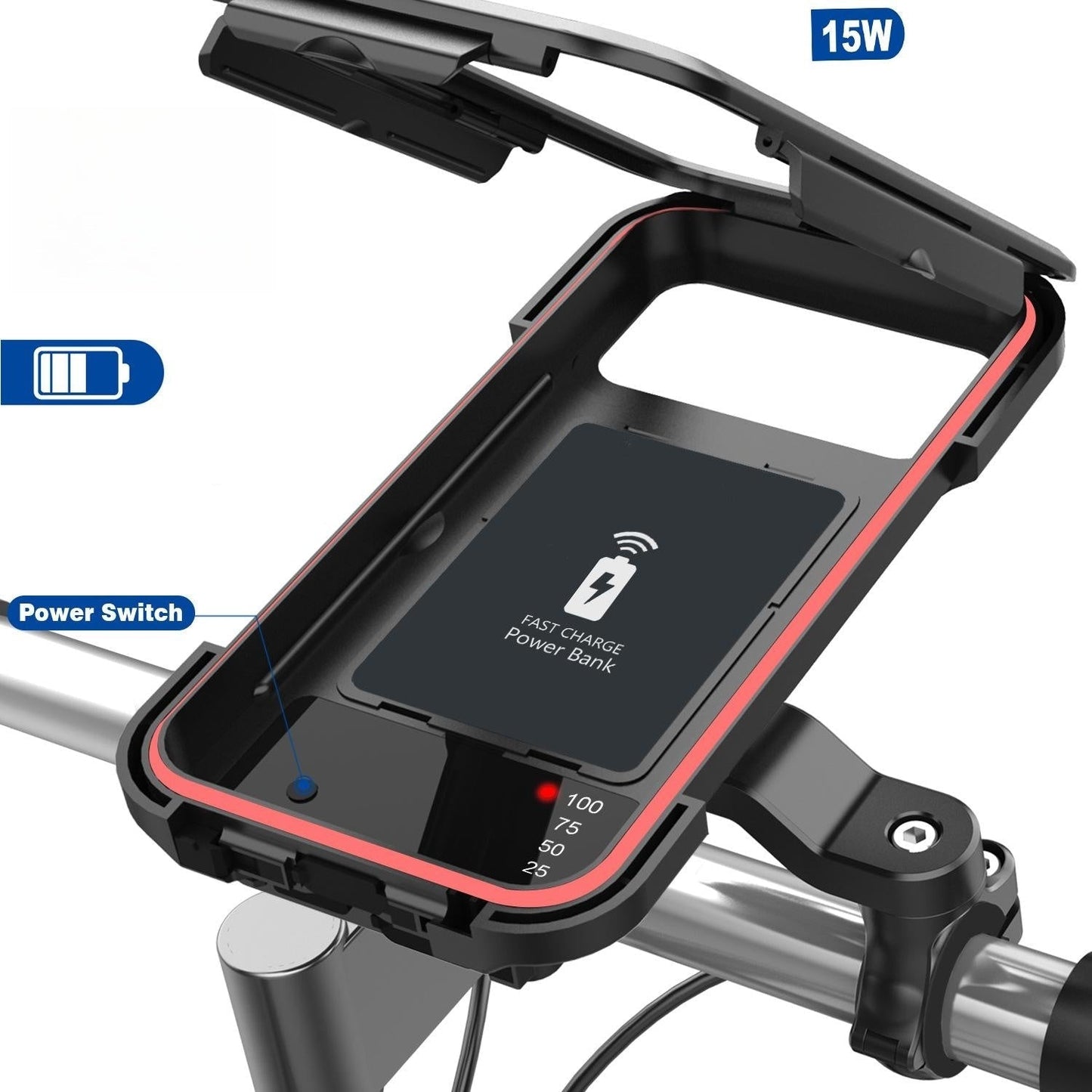 Waterproof Phone Mount with USB and 15W Wireless Charger for Bicycles