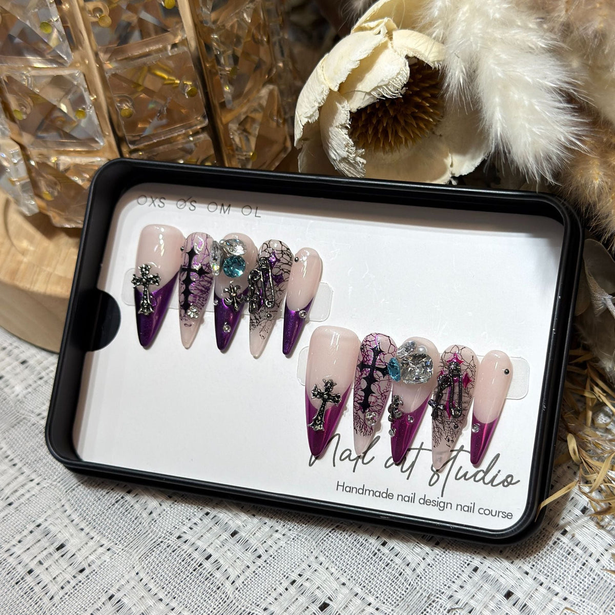 Stiletto Press-On Nails Set with Floral and Gemstone Accents