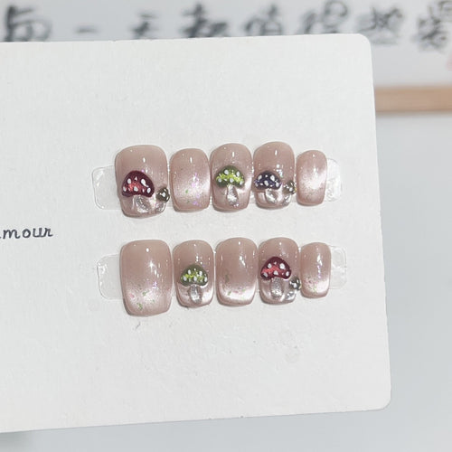 Press-On Nail Kit Featuring Fun Mushroom Patterns