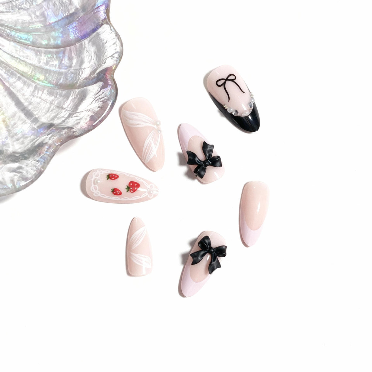 Press-On Nail Set Featuring Bow and Berry Pattern