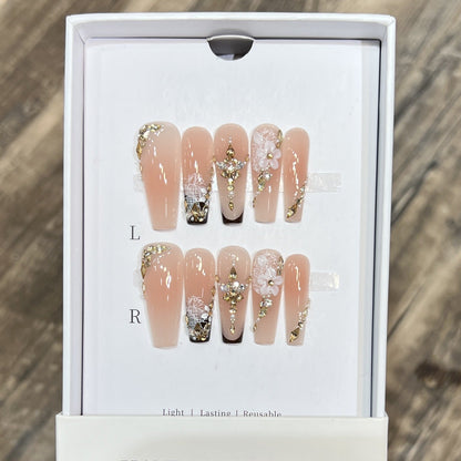 Floral and Gold Accented Reusable Press-On Nail Set