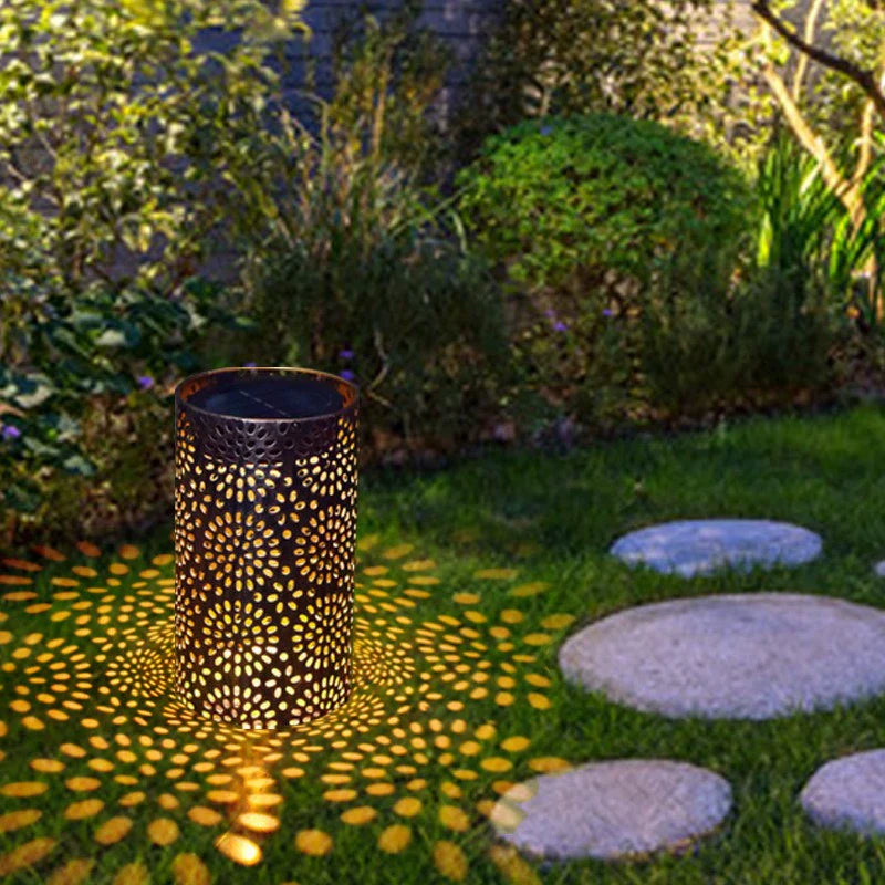 Set of Two Cylindrical Metal Solar Garden Lights for Outdoor Use
