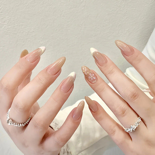 Floral Design Acrylic Nails with Elegant Tips