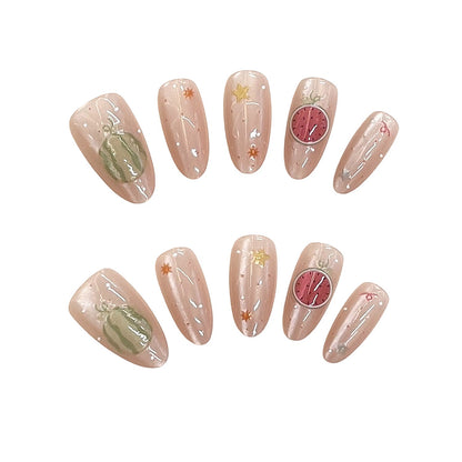 Artistic Press-On Nail Set with Elegant Fruit Design