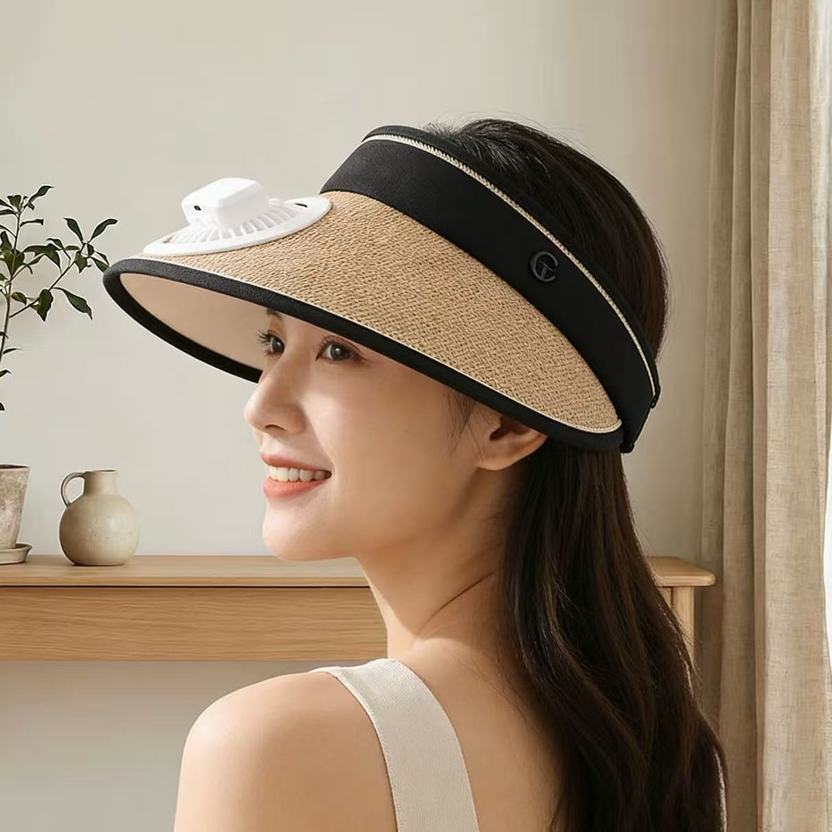 Straw Hat with Detachable Battery Fan and Elastic Headband – Air-Cooled
