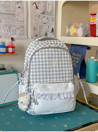 Charming Checkered Multi-Pocket Backpack for School Use