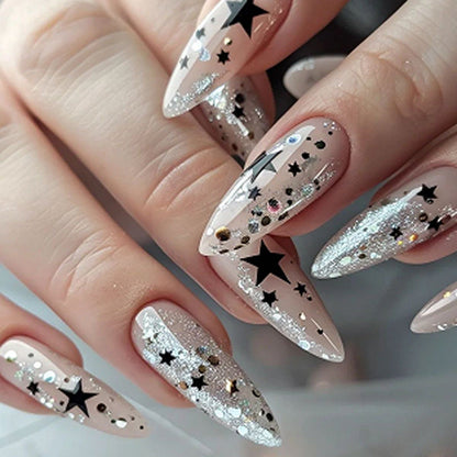 Glittery Stiletto Nail Art with Star Pattern