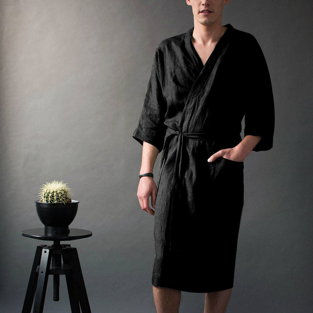 Casual Linen Bathrobe for Men with Pockets and Belt