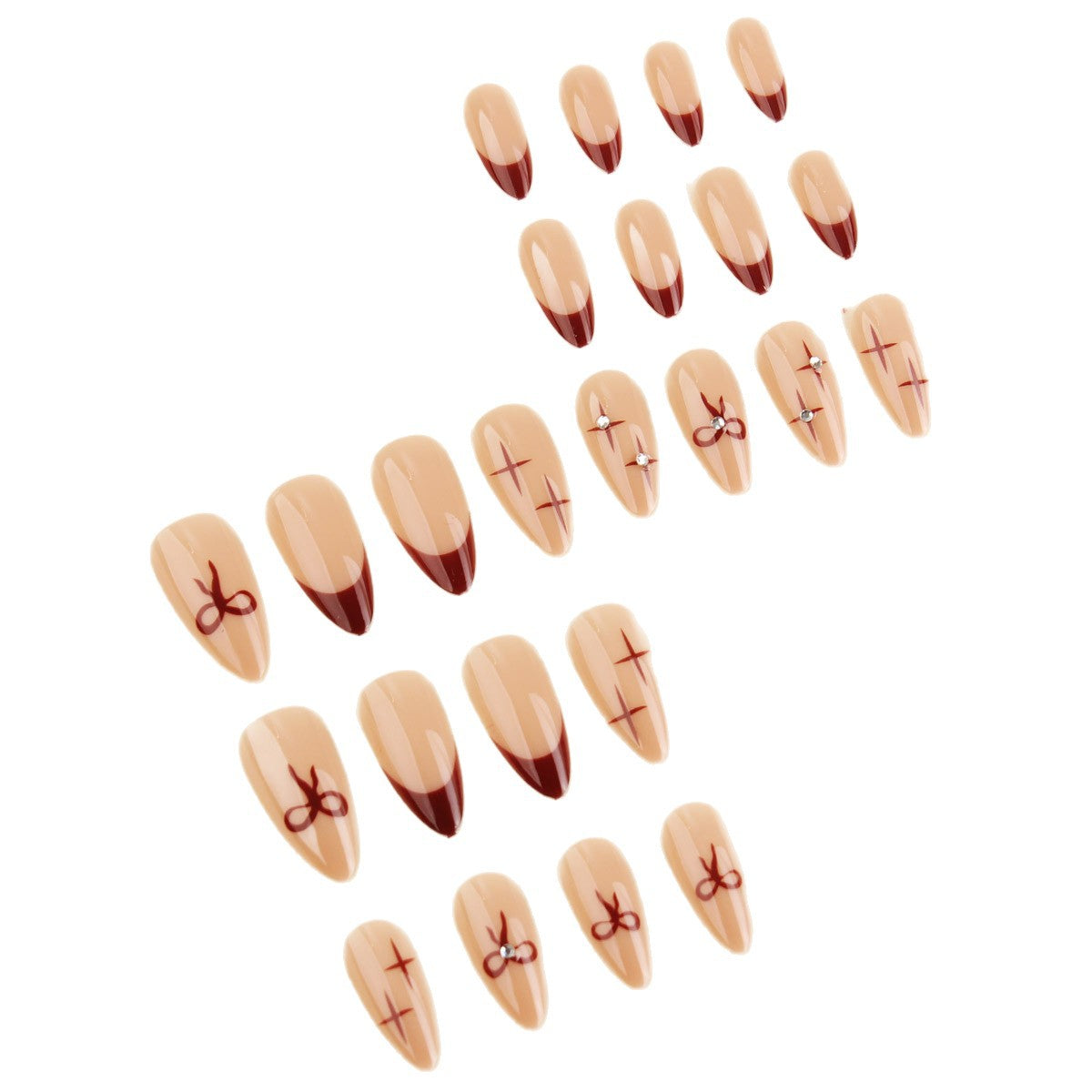 Decorative Nail Art Set with Press-On Design, Bow, and Crystal Details
