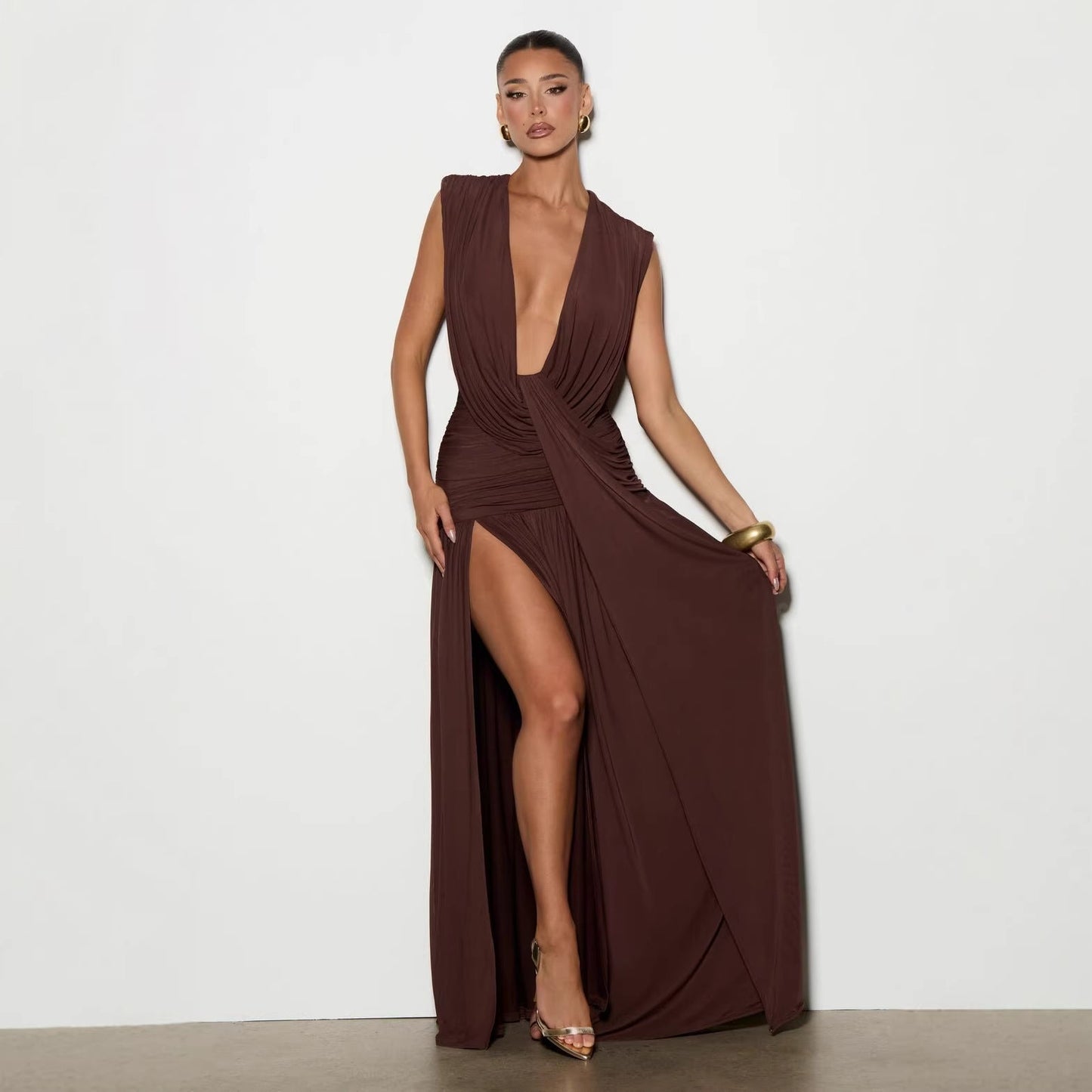 Asymmetrical Bodycon Midi Dress with Deep V Neck and Ruched Detail